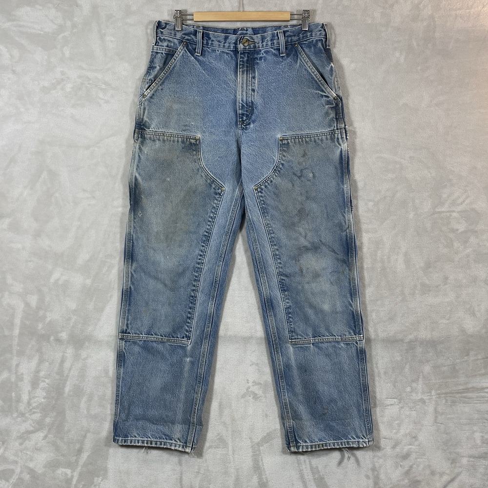 Vtg Carhartt Double Knee Pants Mens 34x32 Thrashed Distressed B73 DST Blue Jeans